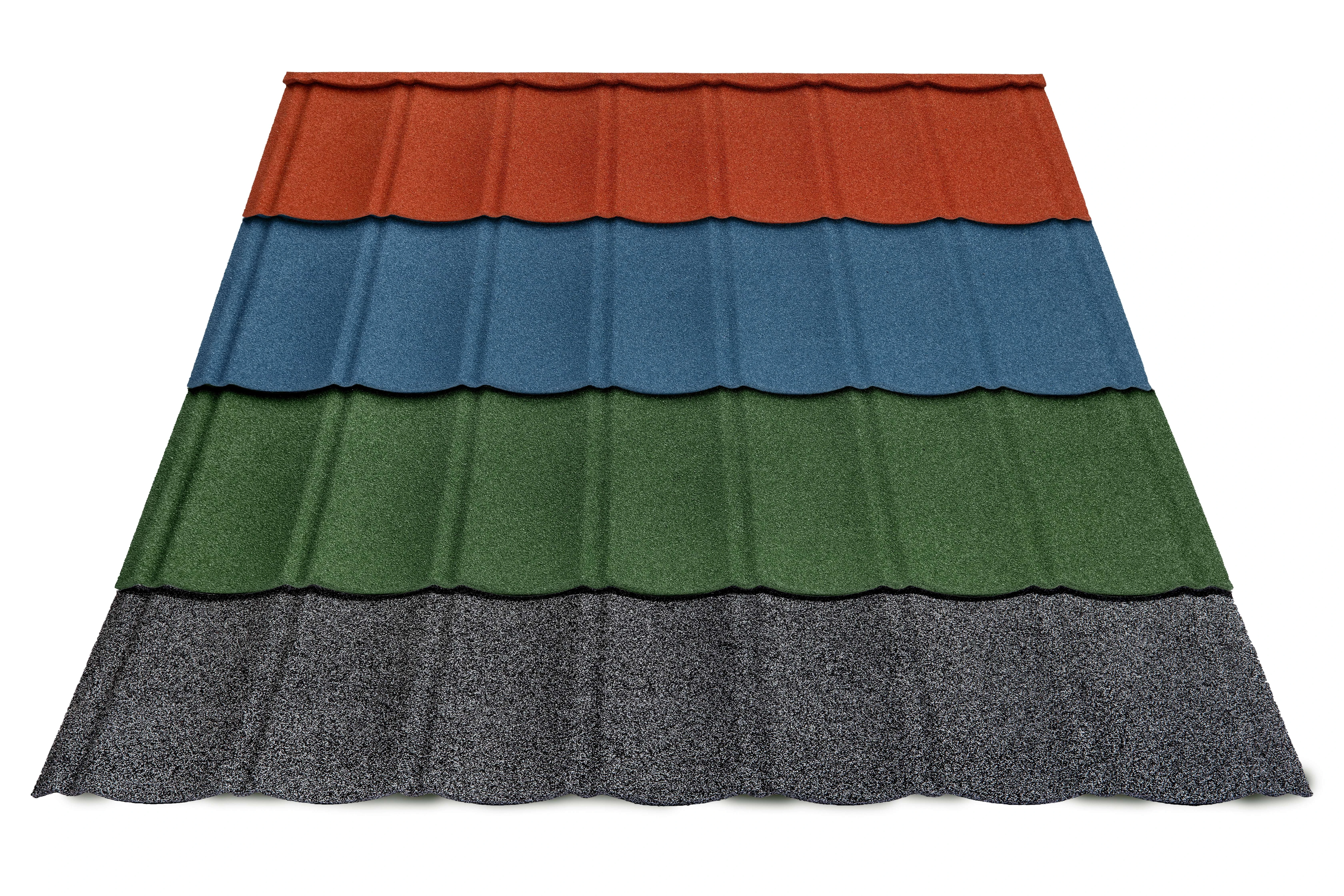Seven wave stone coated metal roof tiles in different colors